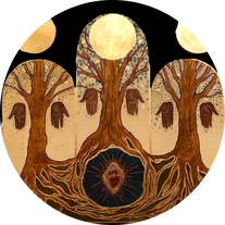 Image of a wooden triptych featuring a Sacred Heart, trees, and abstract images of people on wood 